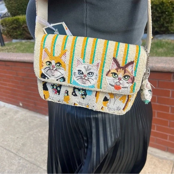 TJMAXX MARSHALLS VIRAL Cat Theme Striped Charm Beaded Shoulder Bag Purse Collect - Picture 5 of 16
